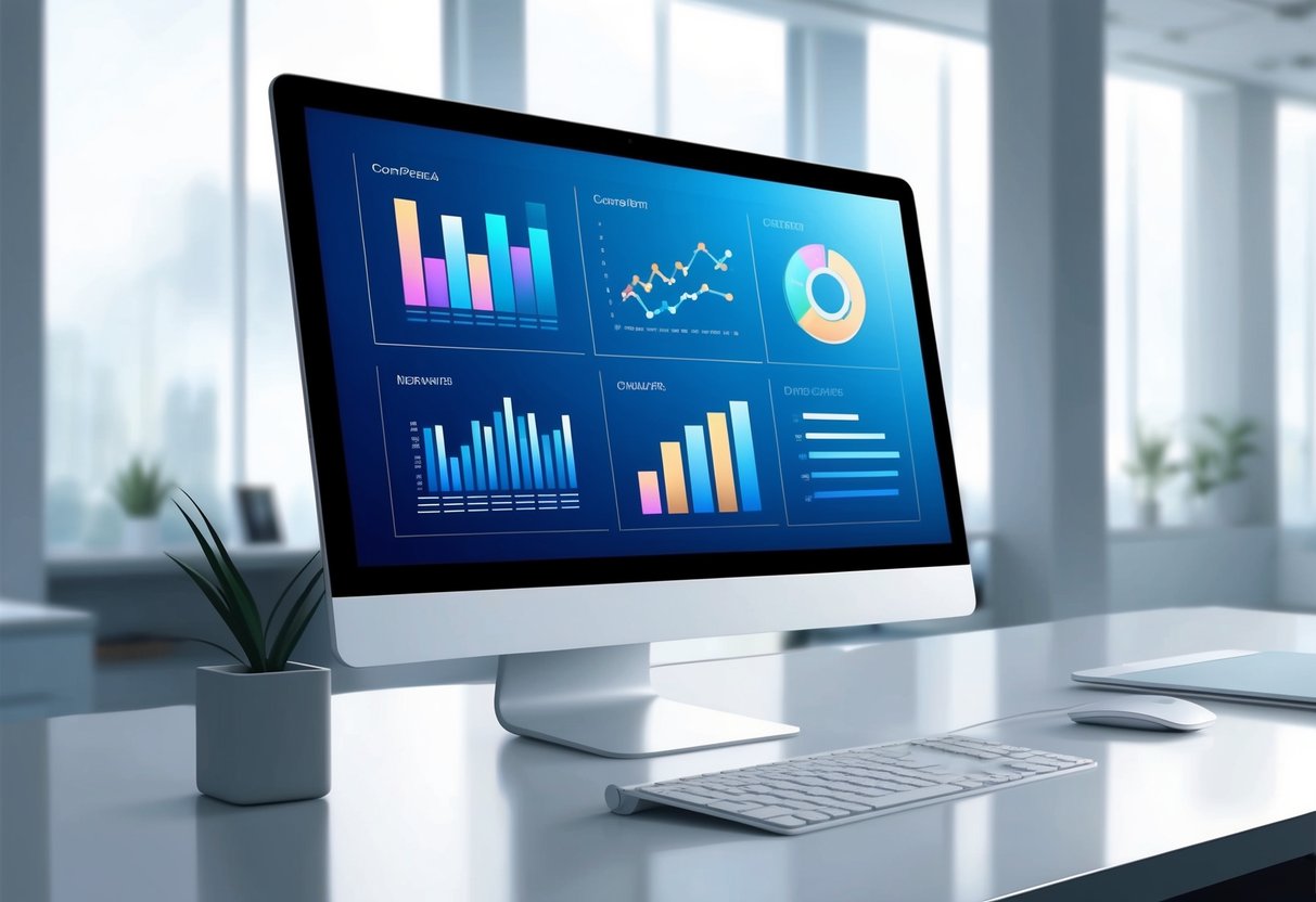 A sleek, modern computer screen displays colorful graphs and charts, with a background of a serene and professional office setting