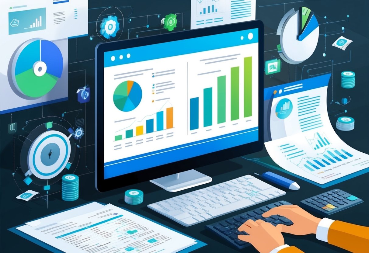 A computer screen with tax-related charts and graphs, surrounded by automated tools and financial documents