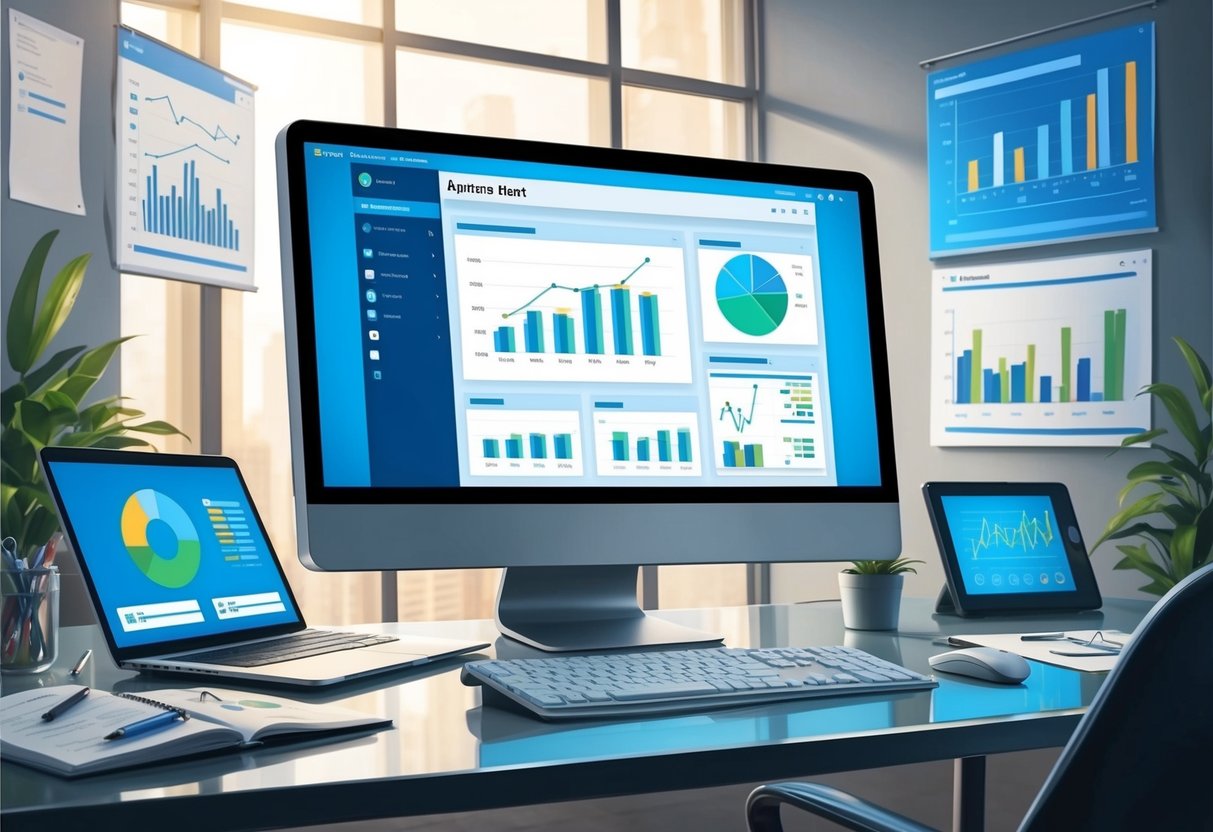 A modern office desk with a computer screen displaying investment management software, surrounded by financial charts and graphs