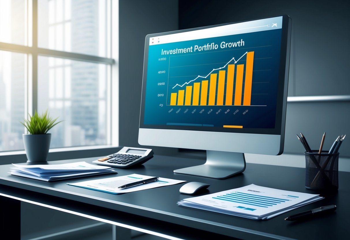 A sleek, modern office desk with a computer screen displaying a graph of investment portfolio growth. A calculator and financial documents are neatly organized nearby