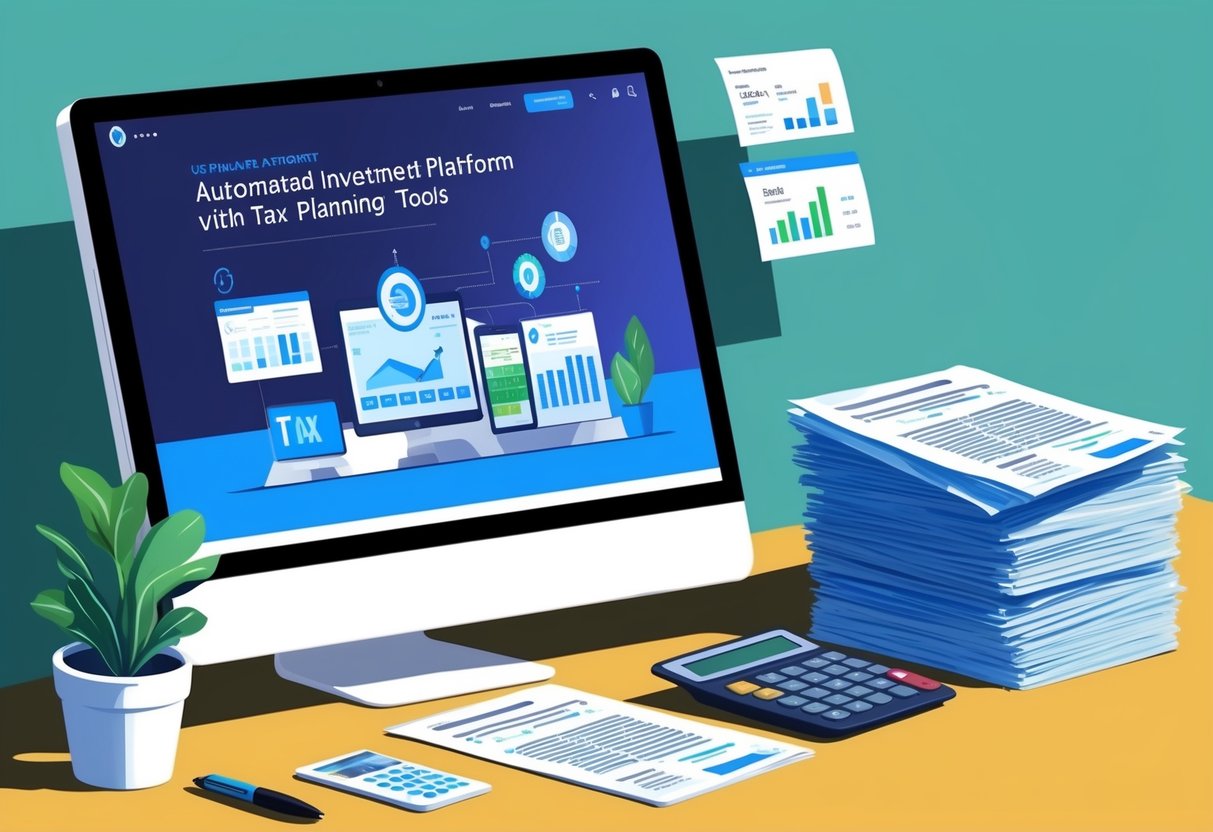 A computer screen displaying a user-friendly automated investment platform with tax planning tools, alongside a stack of financial documents and a calculator