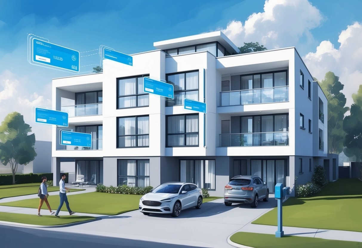 A modern rental property with a digital payment system, showing tenants making automatic payments online