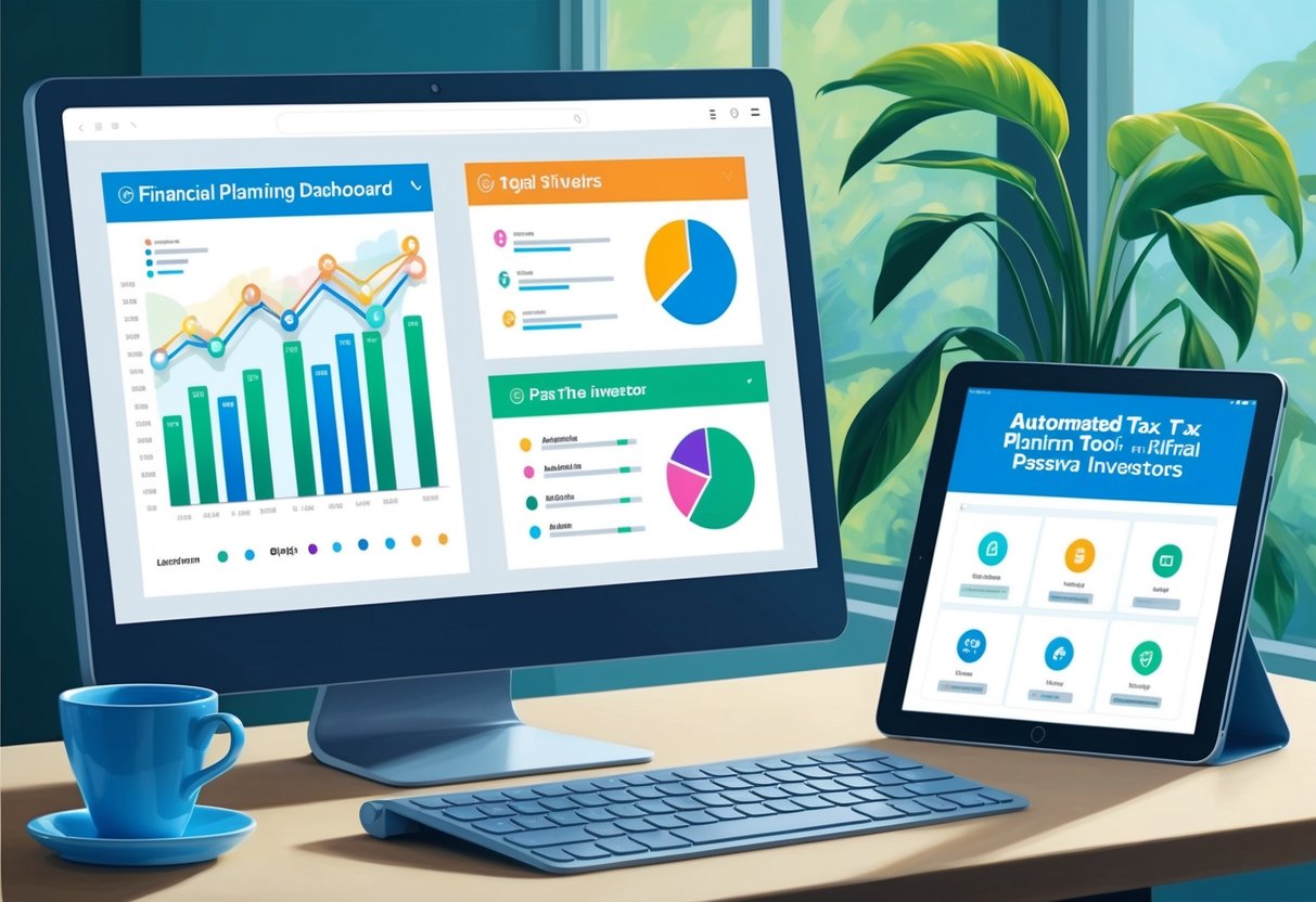A computer screen displaying a financial planning dashboard with colorful graphs and charts, alongside a tablet showing automated tax planning tools for passive investors