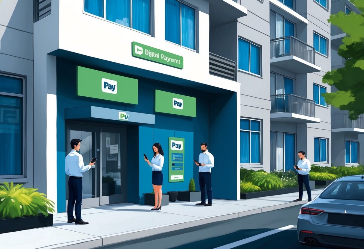 A modern apartment building with digital payment logos on the entrance, tenants using mobile phones to pay rent, and a property manager overseeing the automated process