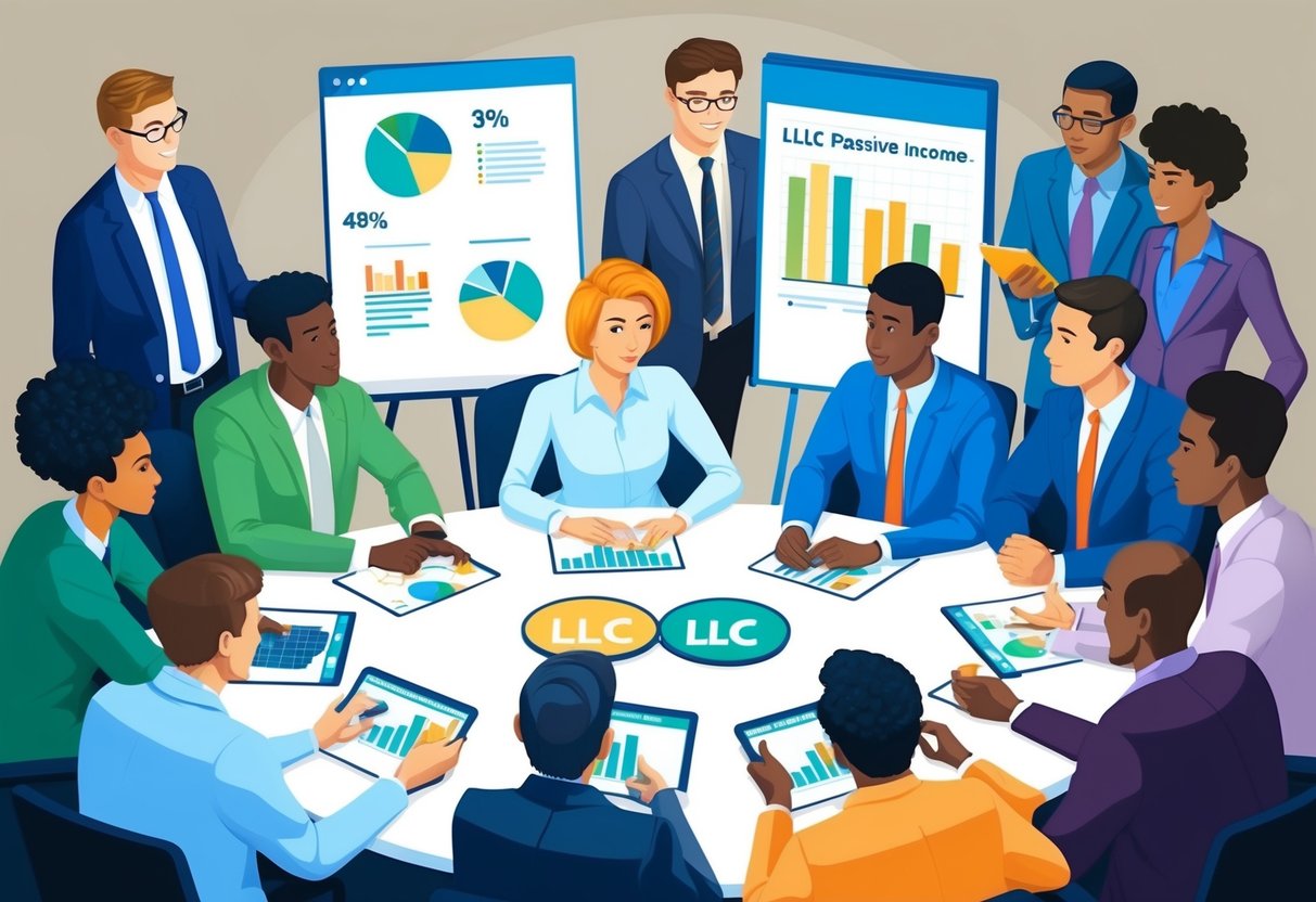 A group of diverse individuals gather around a table, discussing investment opportunities and benefits of using an LLC for passive income. Charts and graphs are displayed, highlighting the advantages of this business structure