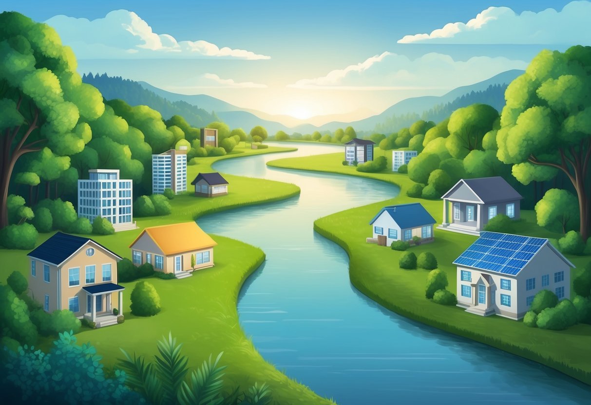 A serene landscape with a calm river flowing through lush greenery, surrounded by various investment properties and assets, symbolizing the advantages of using an LLC for passive income