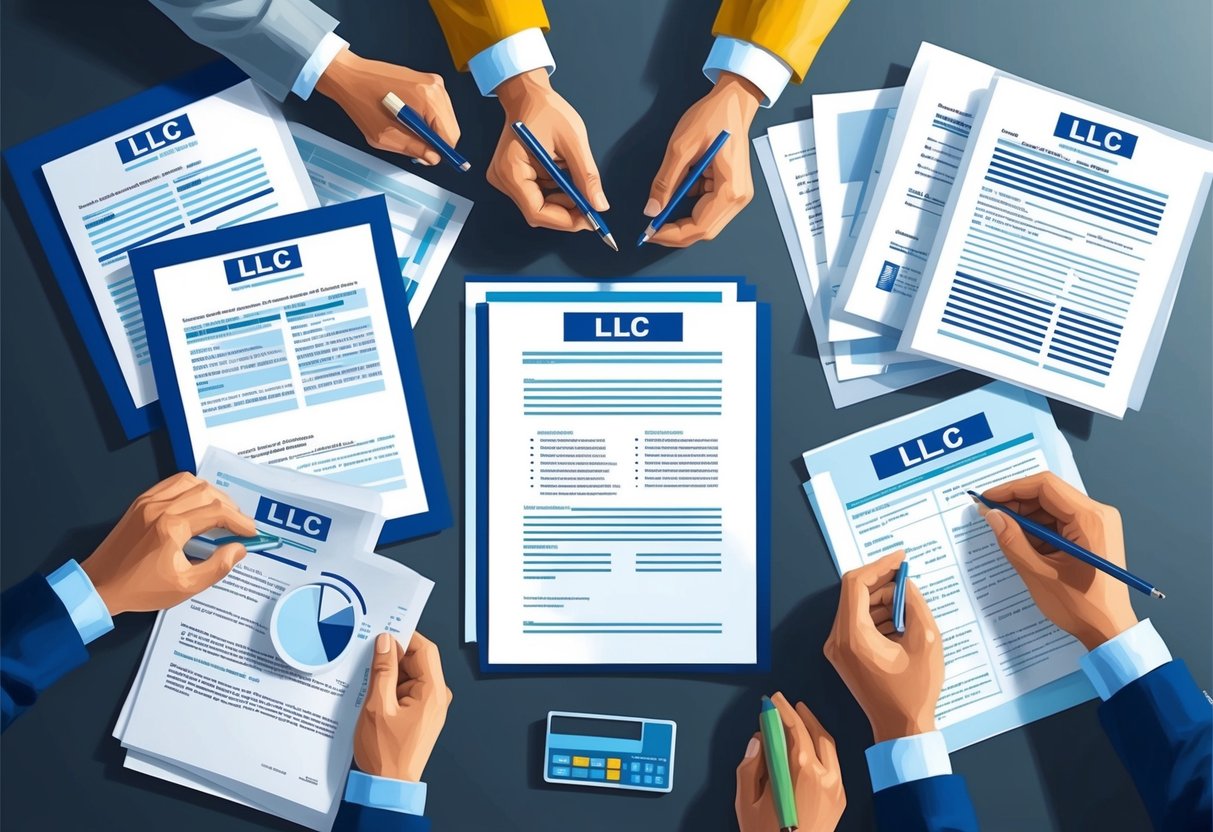 A group of financial documents and legal papers being organized and labeled for setting up an LLC for passive income investments