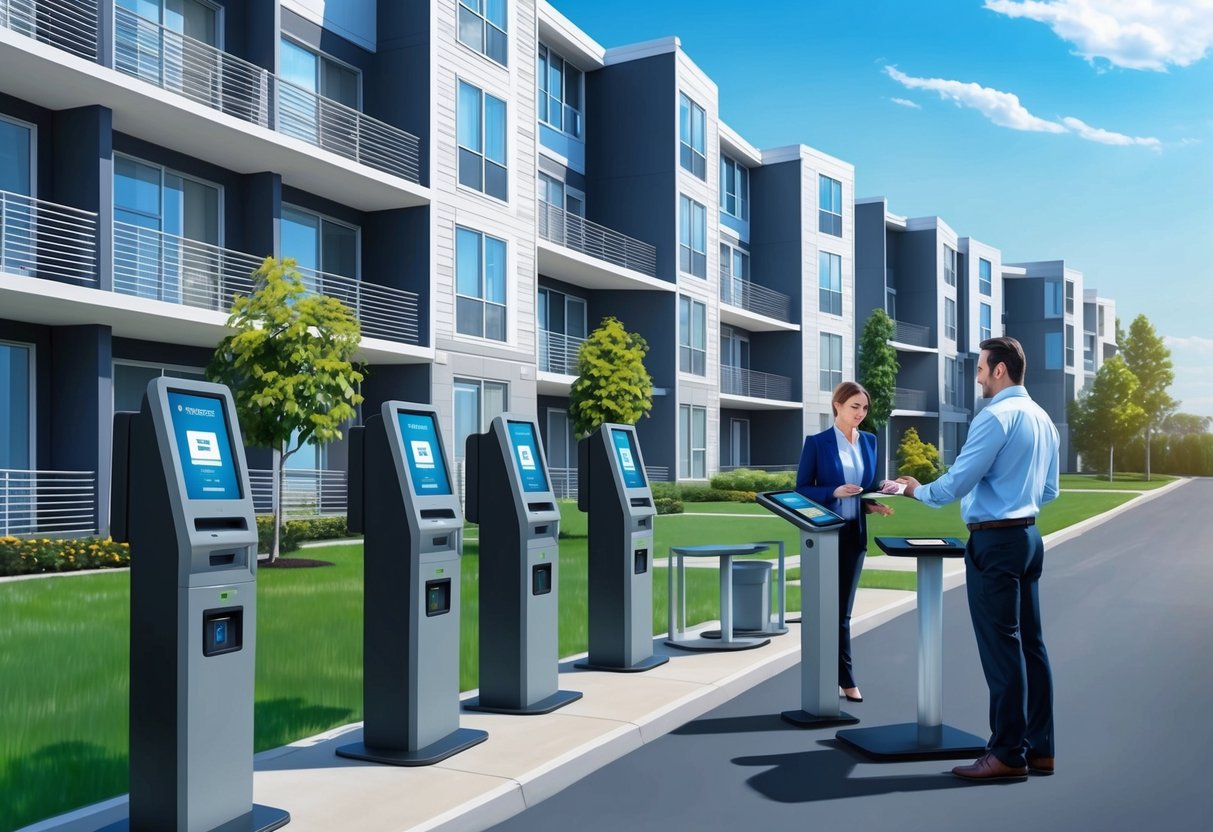 A modern apartment building with electronic payment kiosks and online payment options. A property manager is overseeing the setup of automated rent collection systems