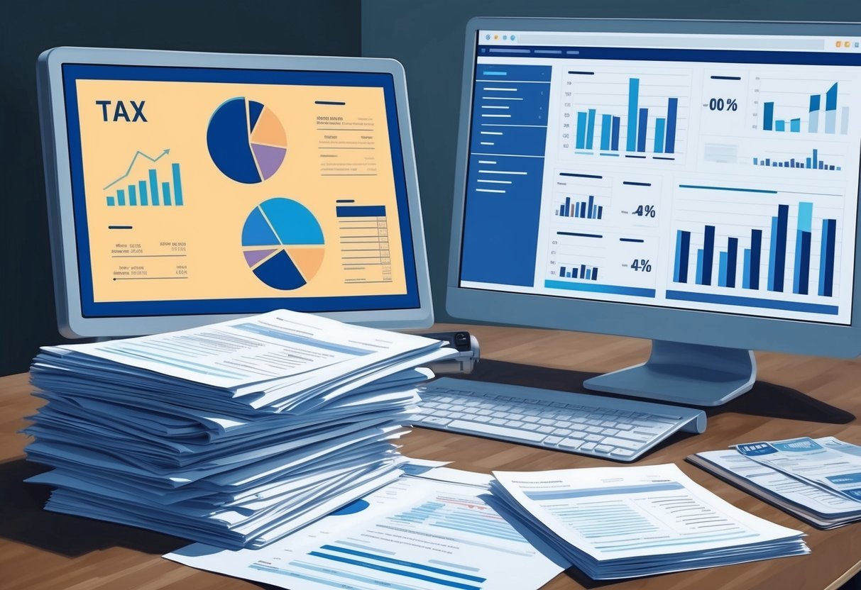 A stack of financial documents and charts, alongside a computer screen displaying tax forms and investment reports