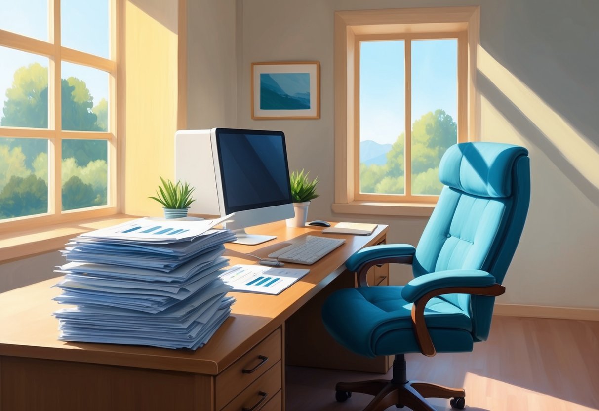 A peaceful, sunlit office space with a desk, computer, and comfortable chair. A stack of financial documents and investment reports sits neatly organized on the desk