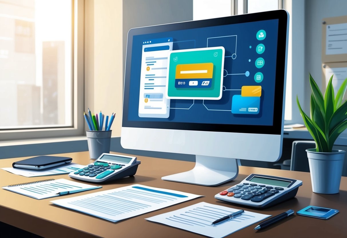 A modern office desk with a computer, calculator, and paperwork. A digital payment platform displayed on the computer screen