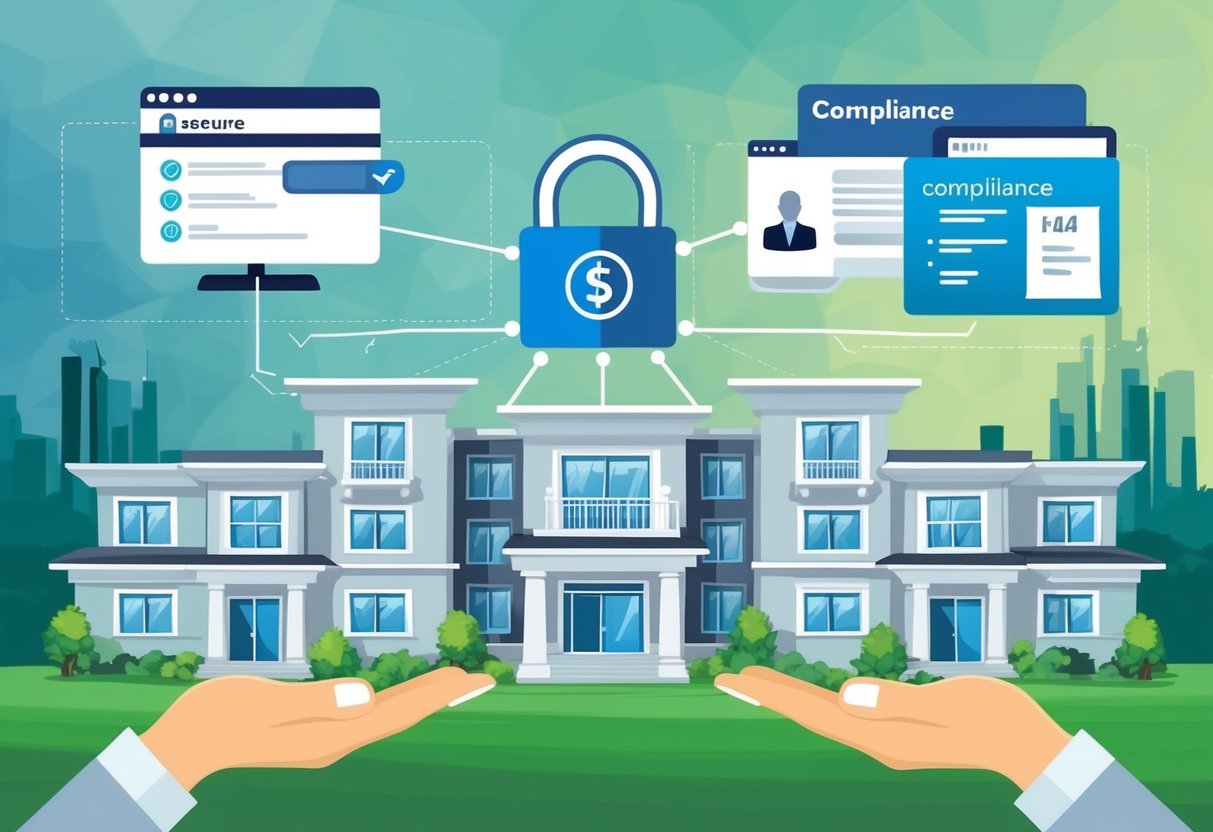 A secure payment gateway connects rental properties, while compliance regulations are displayed in the background