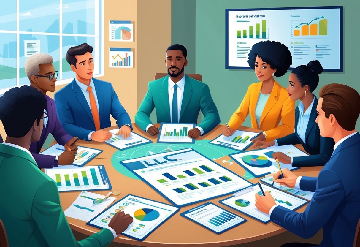 A group of diverse individuals sit around a table, discussing investment strategies. Charts and graphs are spread out, highlighting the benefits of using an LLC for passive income investments