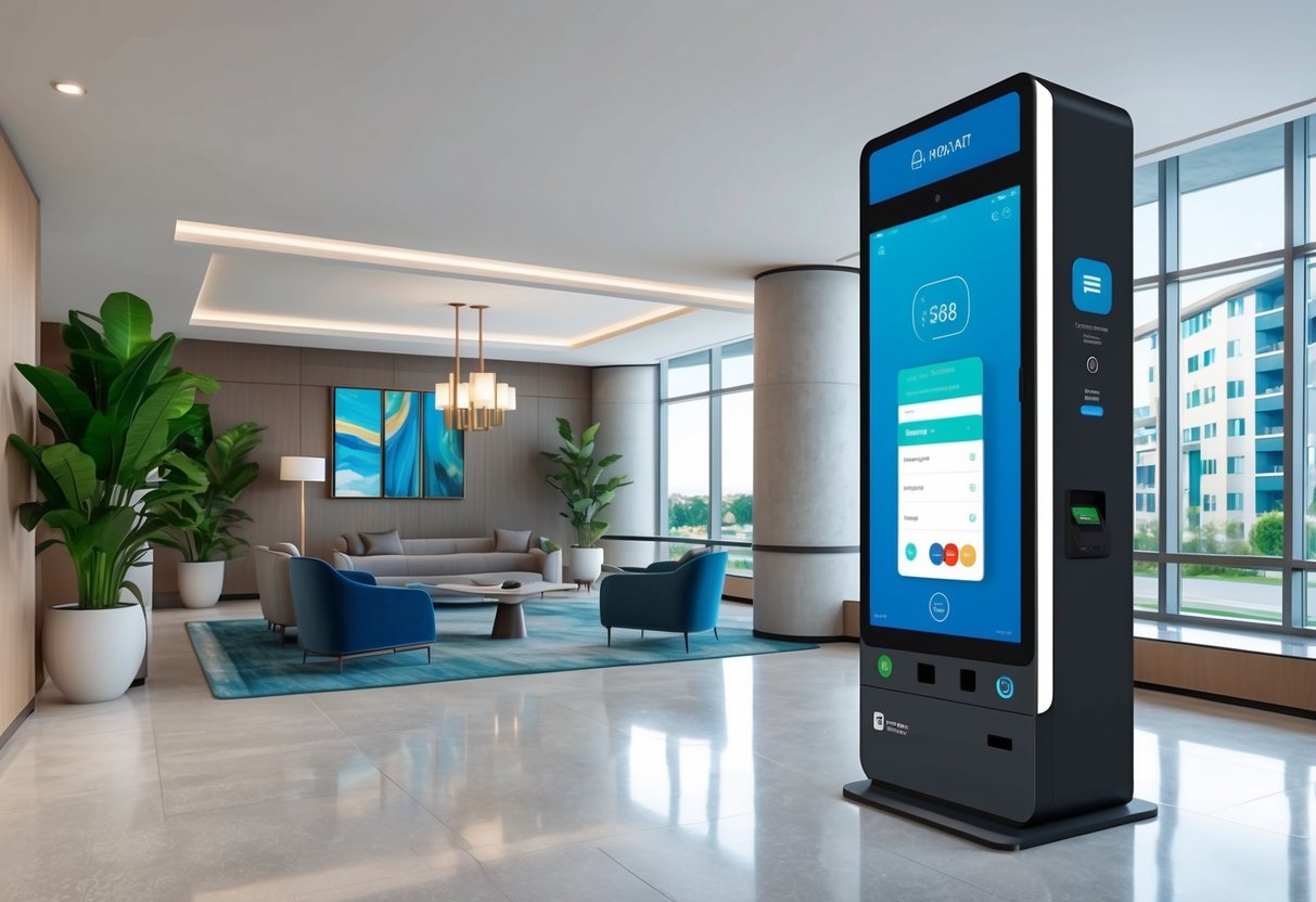 A sleek, modern rental property with a digital payment kiosk installed in the lobby, seamlessly processing payments for tenants