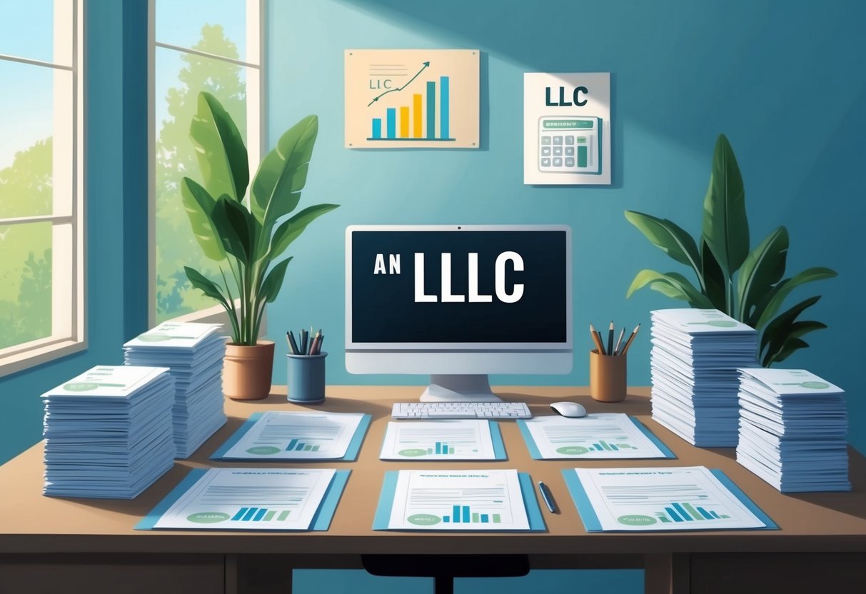 A serene and organized office space with a desk, computer, and financial documents neatly arranged, symbolizing the benefits of using an LLC for passive income investments