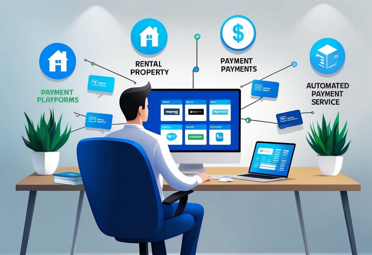 A modern office desk with a computer screen displaying various payment platforms, surrounded by rental property icons and automated payment service logos