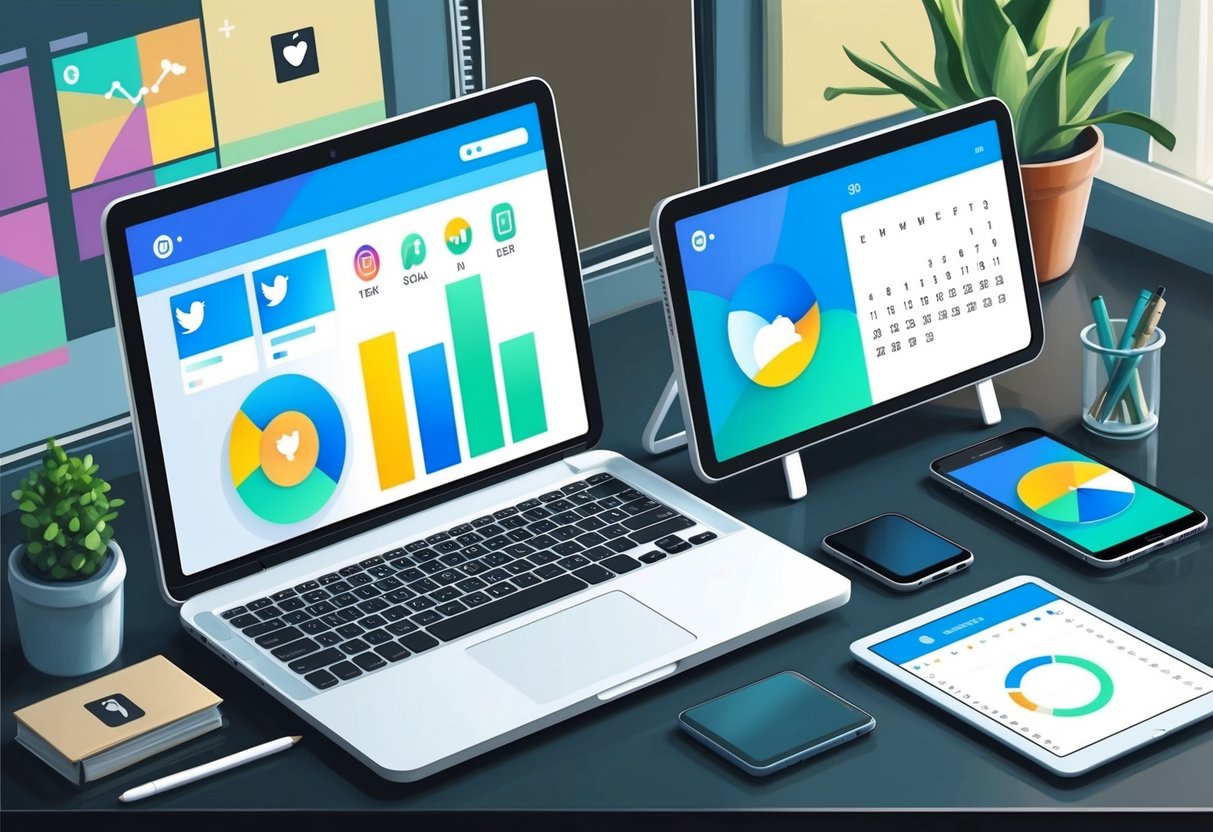 A laptop, phone, and tablet arranged on a desk. Social media icons and graphs displayed on screens, with a calendar showing scheduled posts