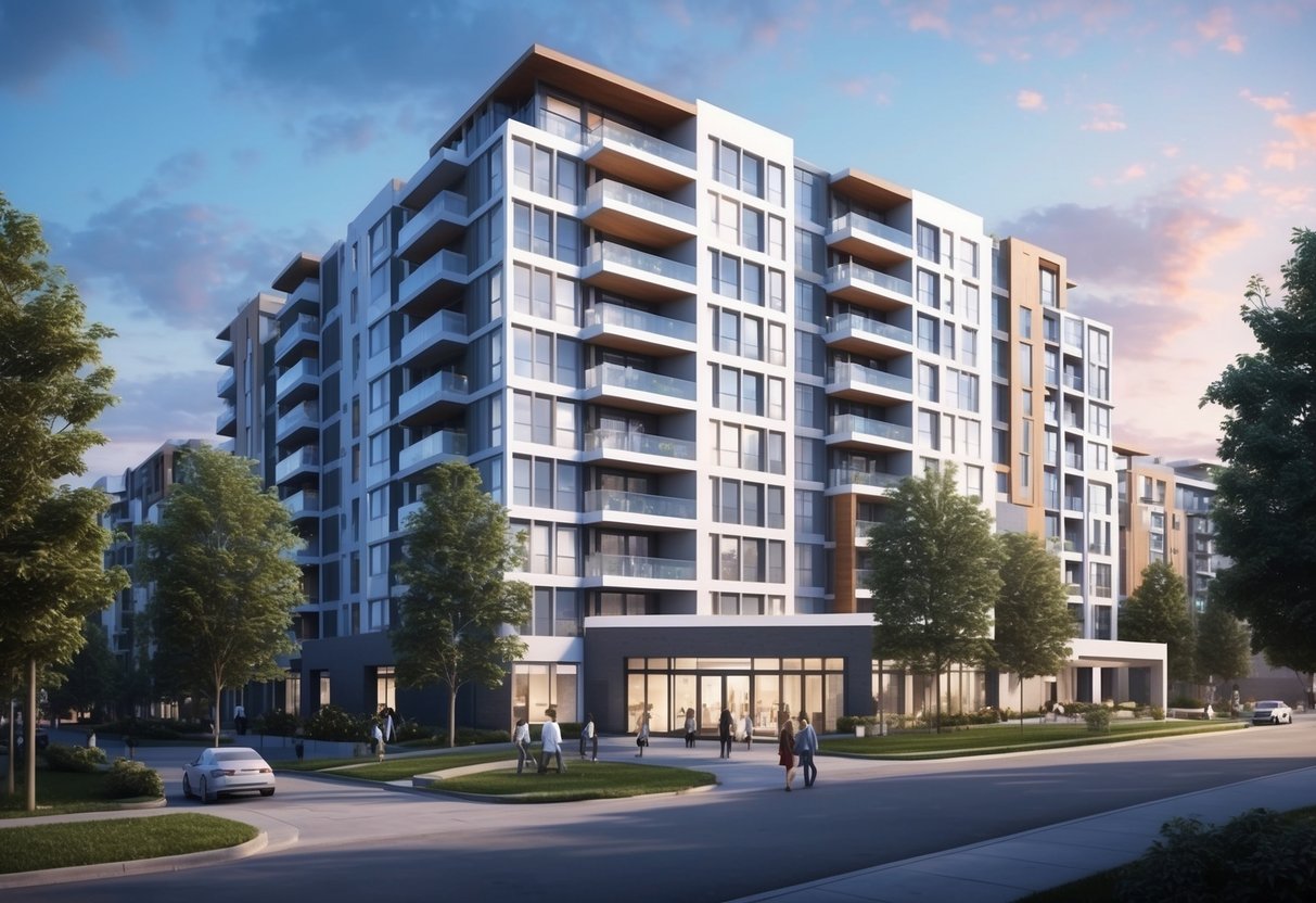 A modern apartment building with tenants using online platforms to make automated rent payments