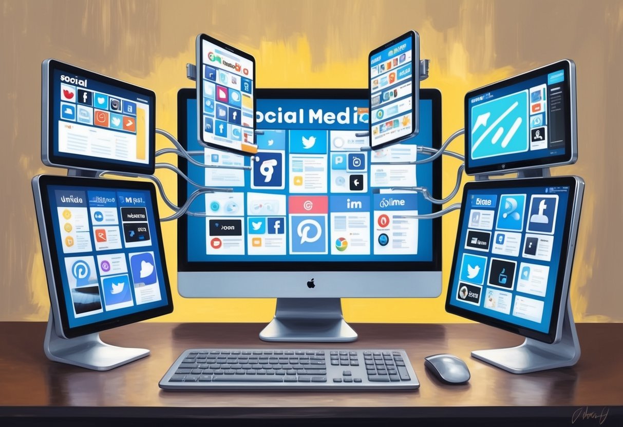 A computer with multiple screens displaying various social media platforms being automatically updated and managed