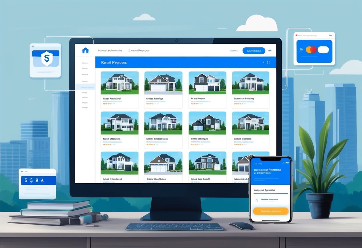 A sleek interface displaying various rental properties with automated payment collection features