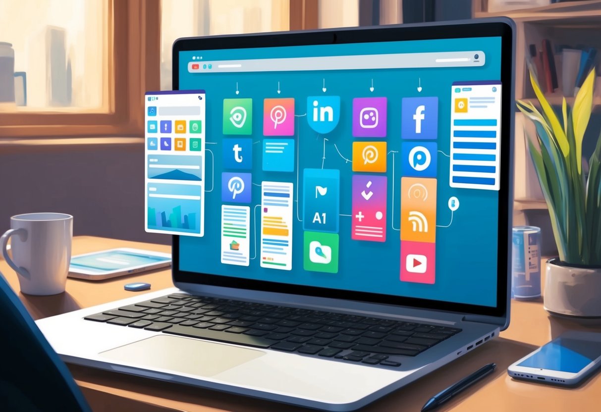 An AI software program creating and scheduling social media posts on a laptop, with various platforms and content displayed on the screen
