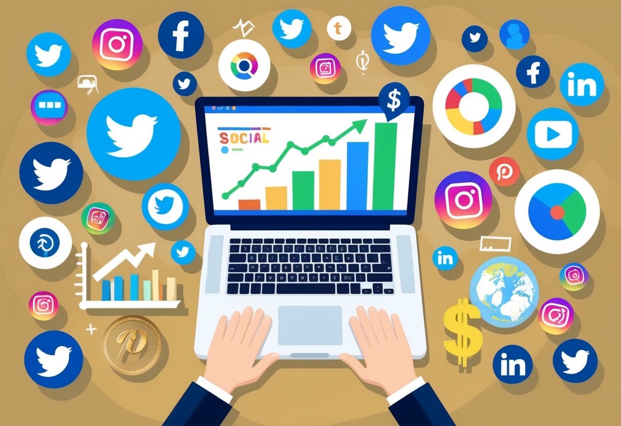 A laptop surrounded by various social media icons, with a graph showing increased website traffic and a dollar sign symbolizing passive income