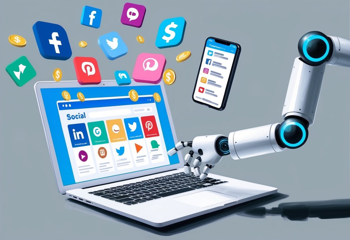 A laptop displaying various social media platforms with money symbols floating above, while a robotic arm schedules posts
