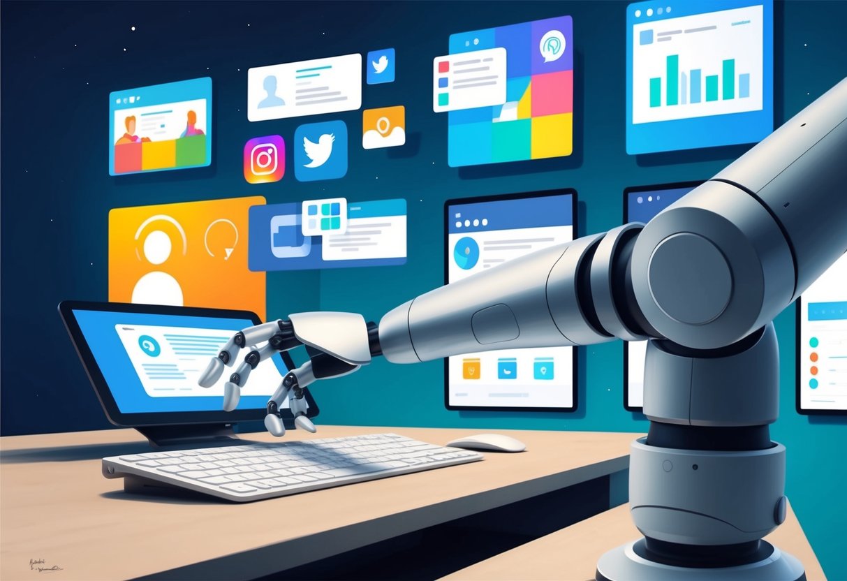 A sleek, modern robot arm types on a keyboard, while a series of screens display social media posts and analytics
