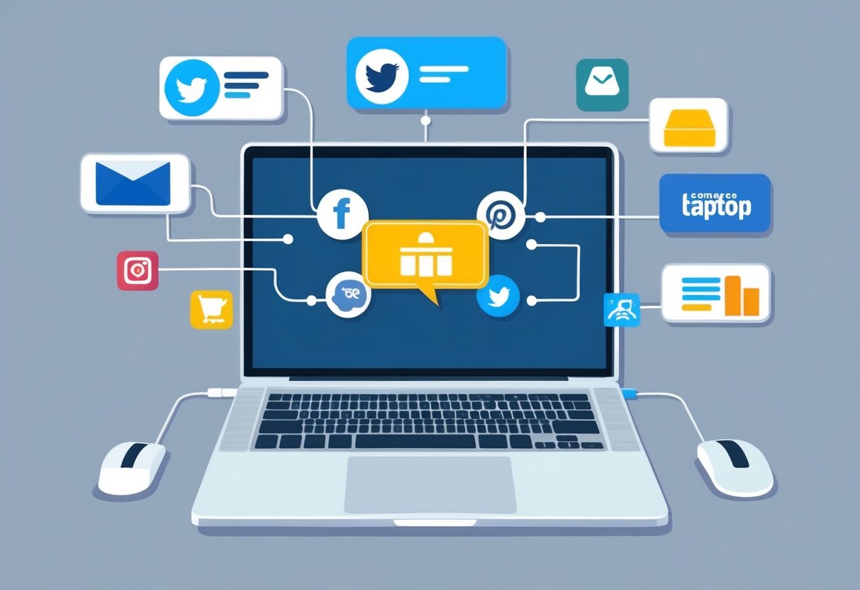 A laptop connected to various social media platforms, with icons representing e-commerce integration and sales automation