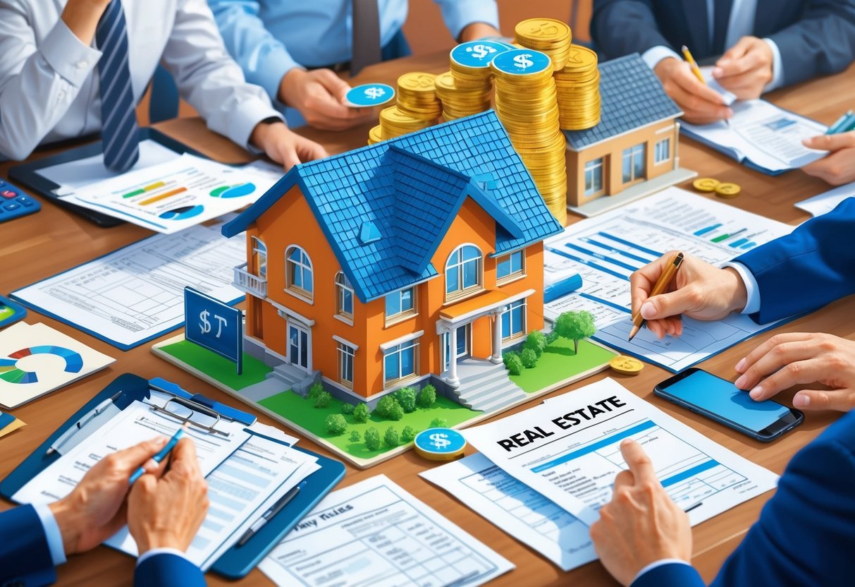 A bustling real estate market with properties being exchanged and money changing hands, while tax forms and legal documents are being reviewed by professionals