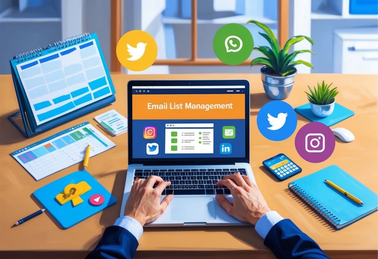 An office desk with a laptop open to an email list management platform, surrounded by social media icons and a schedule planner