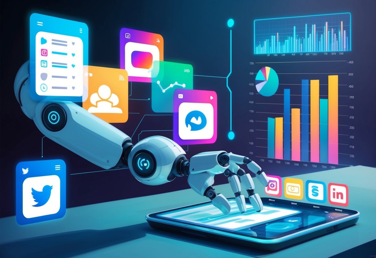A futuristic robot arm schedules posts on various social media platforms, while holographic graphs and charts display analytics in the background