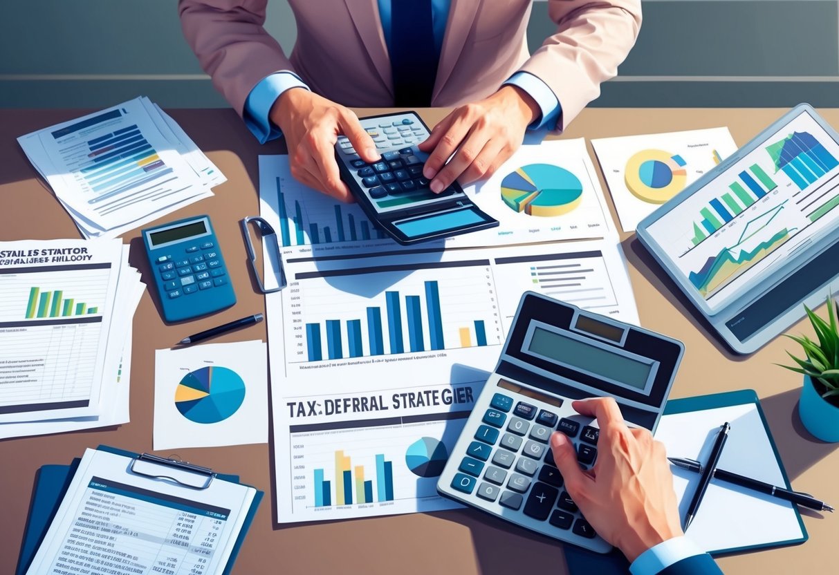 A real estate investor researching tax-deferral strategies, surrounded by paperwork and charts, with a calculator and a laptop open on a desk