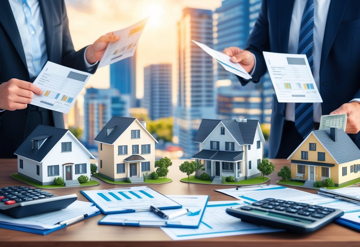 A bustling real estate market with properties being exchanged, while tax documents and calculators are visible in the background
