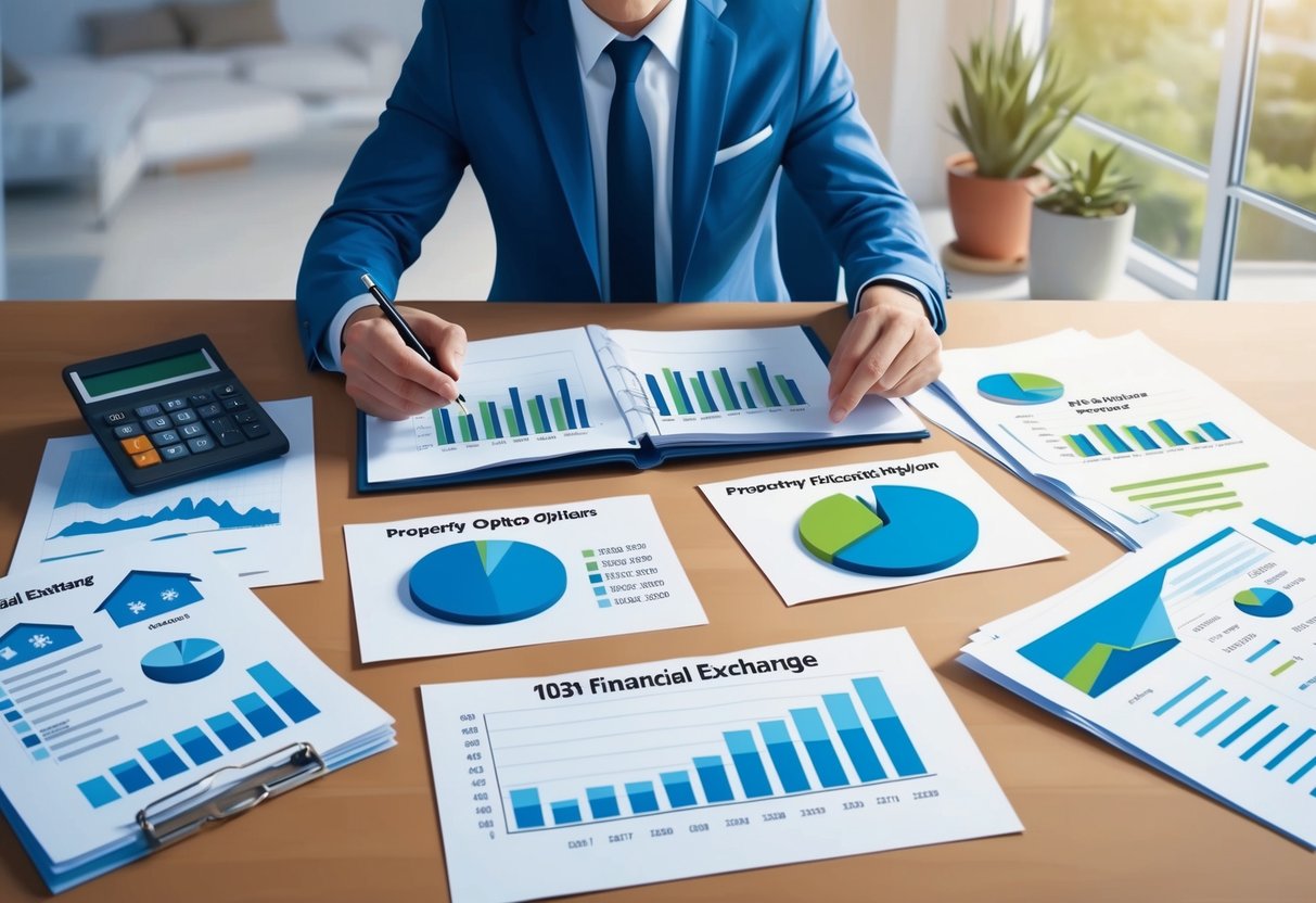 A real estate investor reviewing property options for a 1031 exchange, with charts and financial documents spread out on a desk
