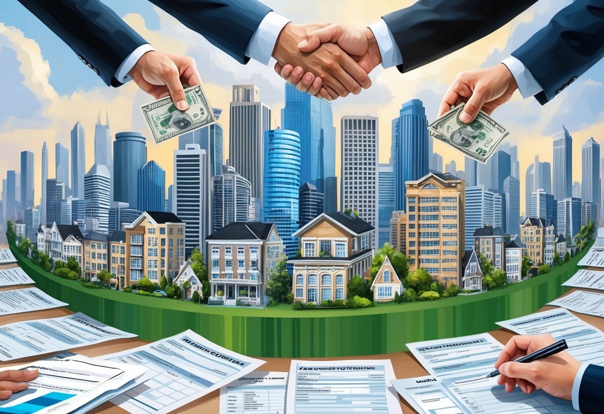 A bustling city skyline with multiple real estate properties exchanging hands, surrounded by financial documents and tax forms