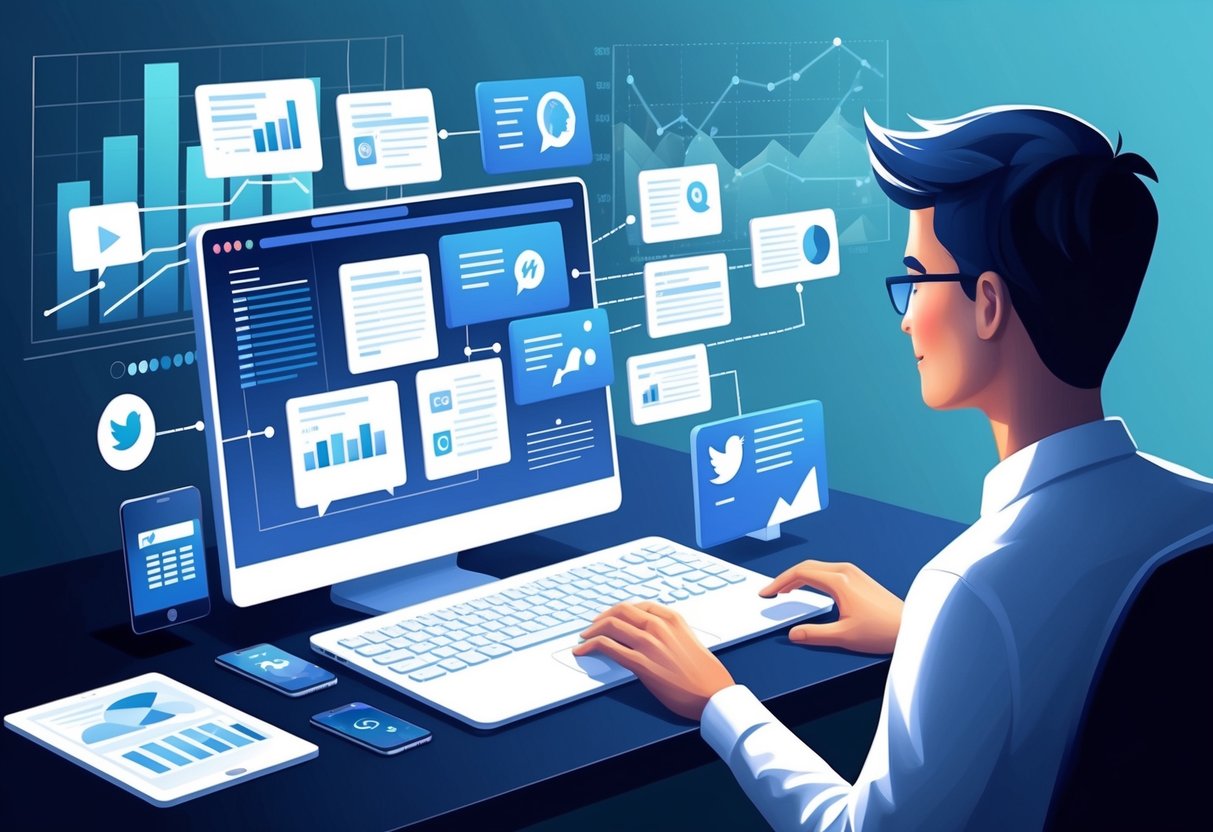 A computer generating various digital content, from articles to social media posts, with graphs and charts in the background