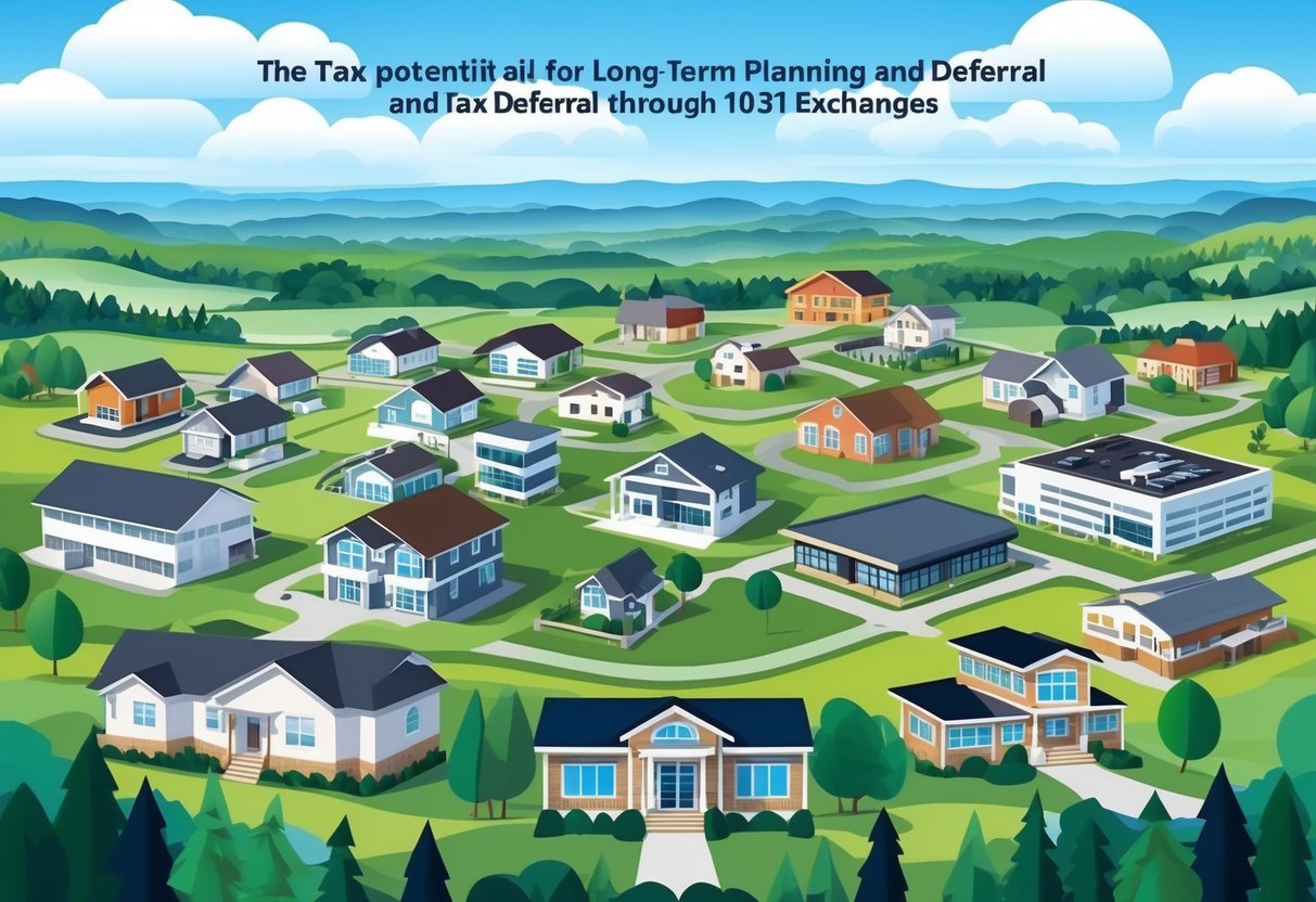A scenic landscape with a variety of real estate properties, such as houses, commercial buildings, and land, showcasing the potential for long-term planning and tax deferral through 1031 exchanges
