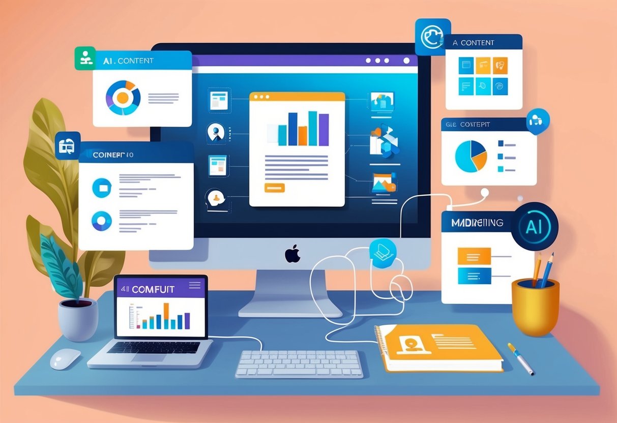 A computer generating various digital marketing materials with AI content tools