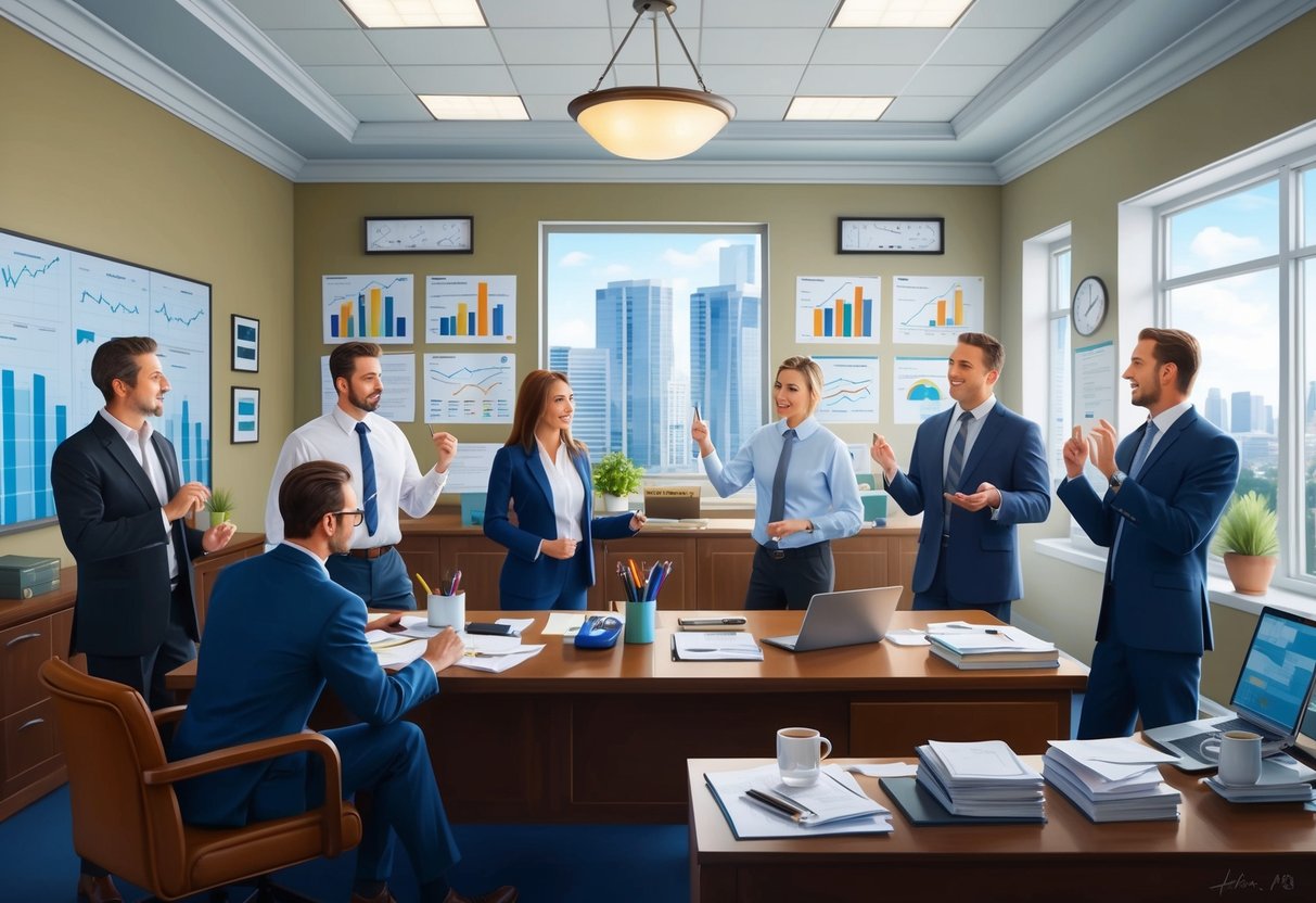 A bustling real estate office with agents discussing 1031 exchanges, charts and graphs on the walls, and a sense of excitement and opportunity in the air