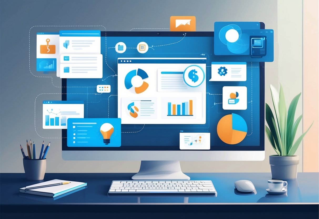 A computer screen displaying various digital marketing tools in action, generating content automatically