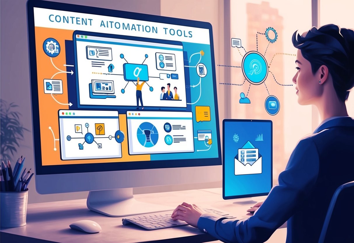 A computer screen displaying various content automation tools with digital marketing graphics and icons