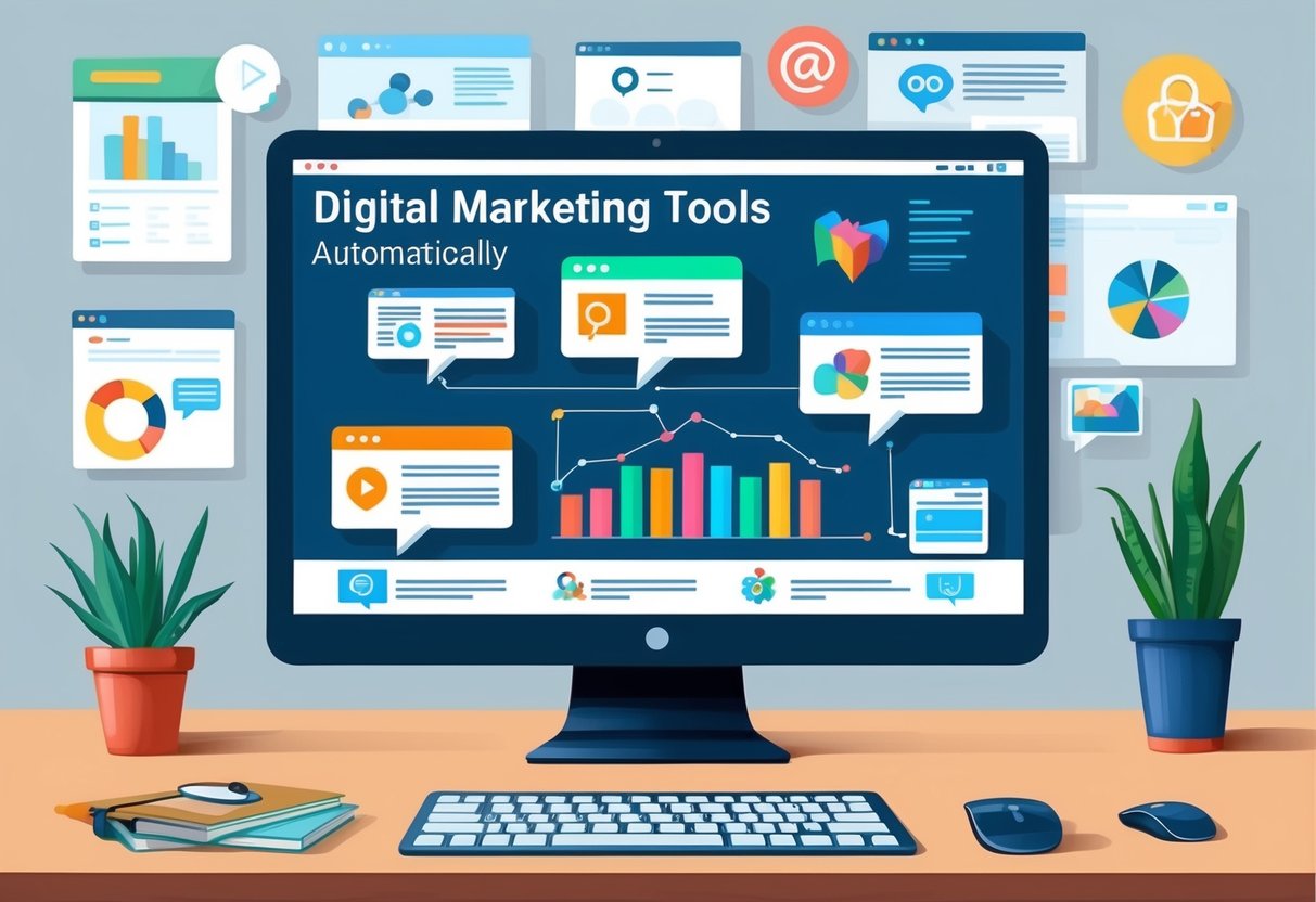 A computer screen displaying various digital marketing tools creating content automatically