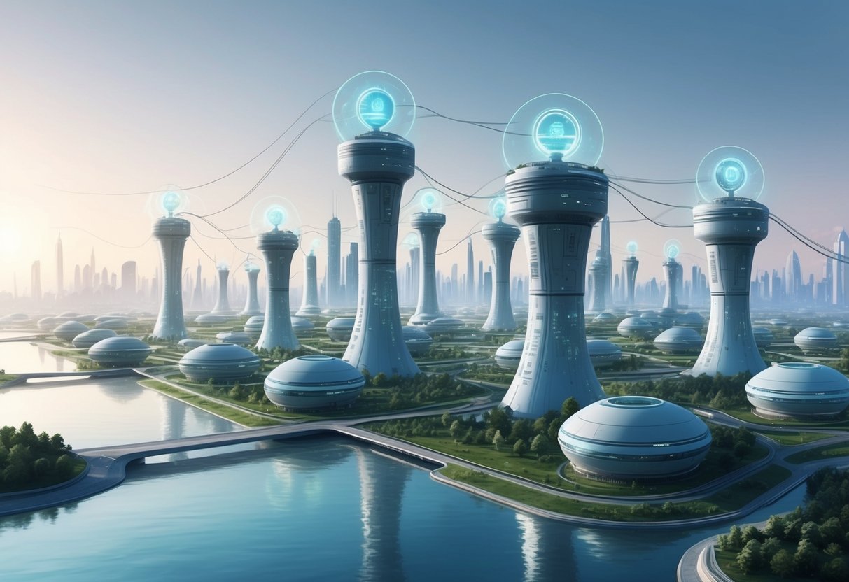 A serene, futuristic cityscape with interconnected systems of automation and technology, generating income without human intervention