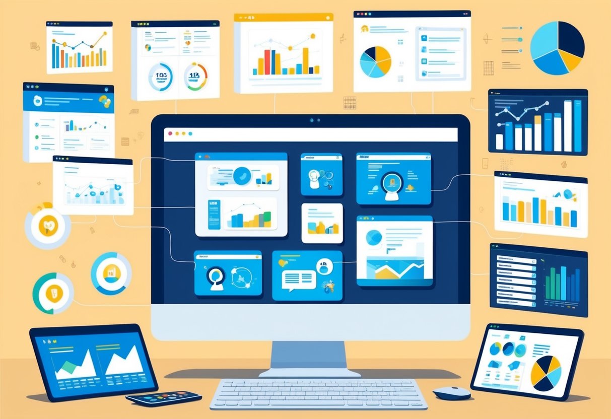 A computer screen displaying various digital marketing tools and content creation software, surrounded by charts and graphs showing data analysis and performance metrics