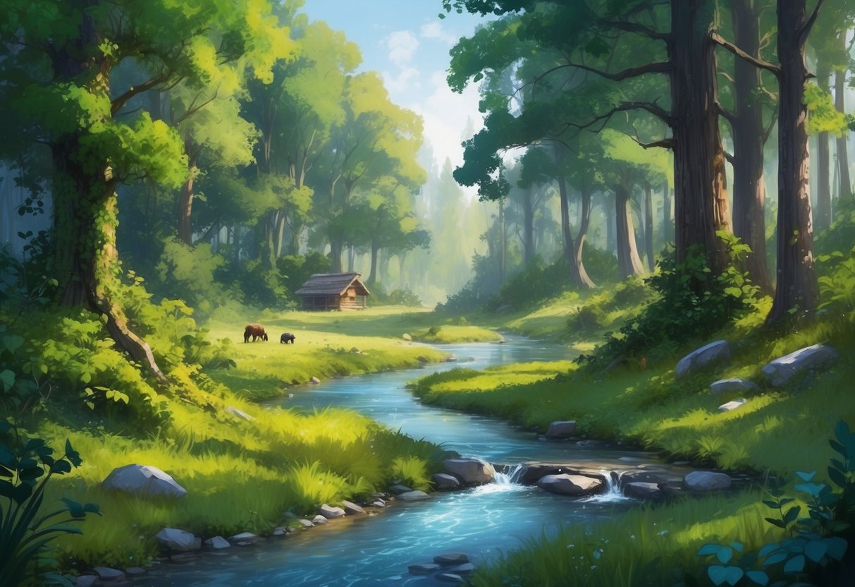 A serene forest with a stream flowing through, surrounded by lush greenery and wildlife, with a small cabin in the distance