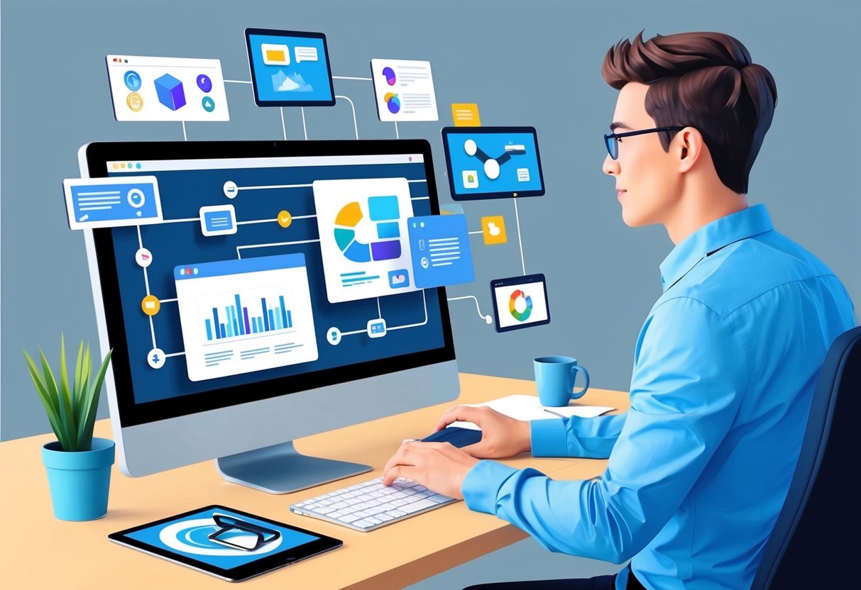 A digital marketer uses various content creation tools on a computer to streamline their marketing workflow