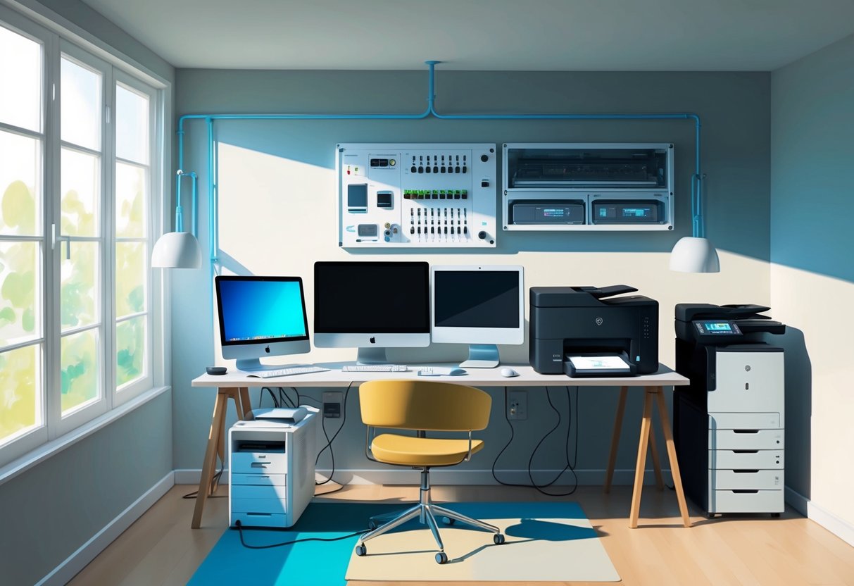 A modern home office with a computer, printer, and various electronic devices connected to a central control panel. The room is bathed in natural light from large windows