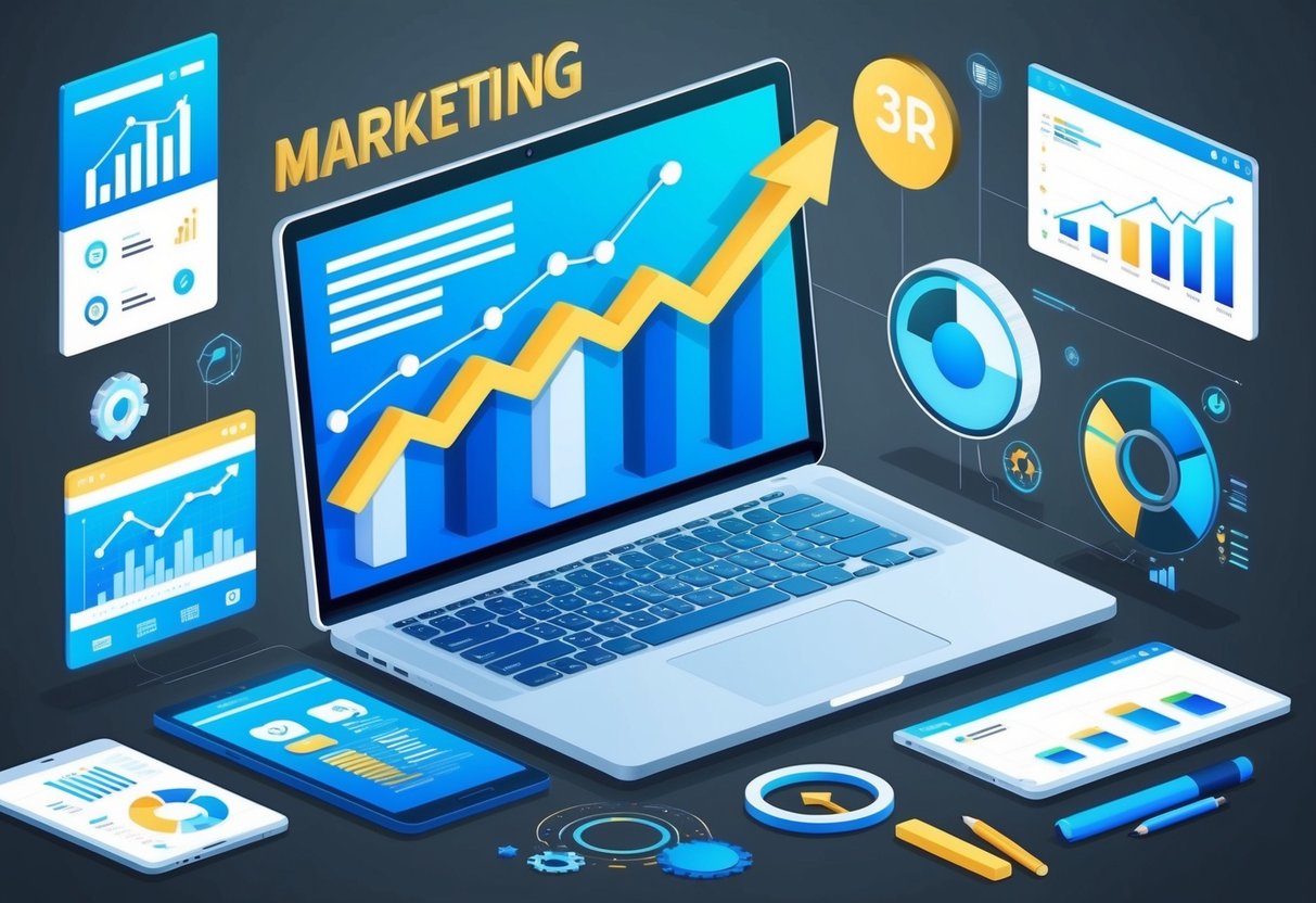 A laptop displaying a graph with upward trend, surrounded by various digital marketing tools and analytics data