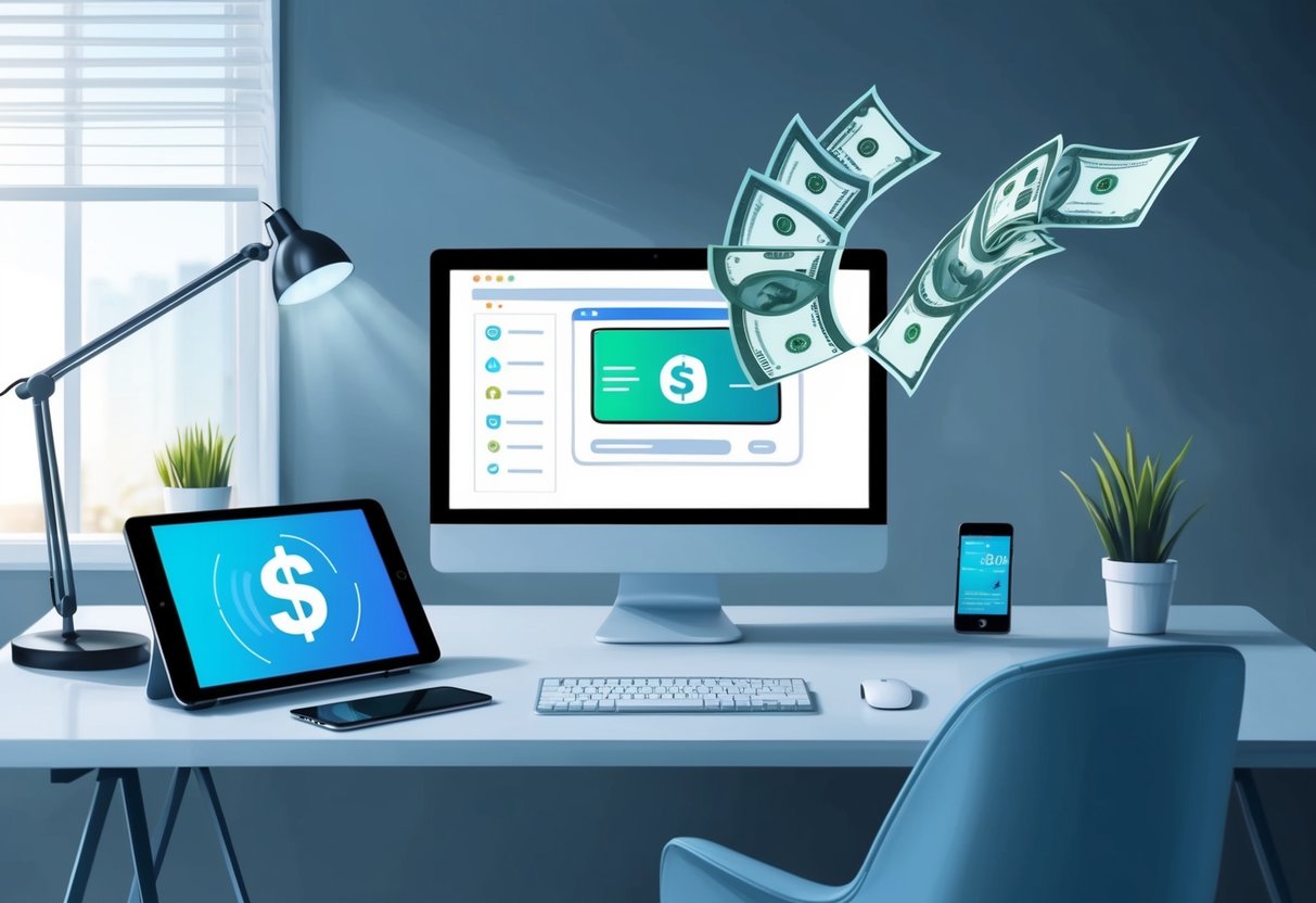 A sleek, modern home office with a computer, tablet, and smartphone on a desk. A digital product is being created and marketed online, with money flowing into a bank account